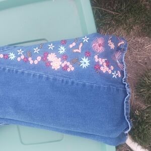 BAMBOO Blue Flare Jeans with Floral Embroidery and Distressed Hem